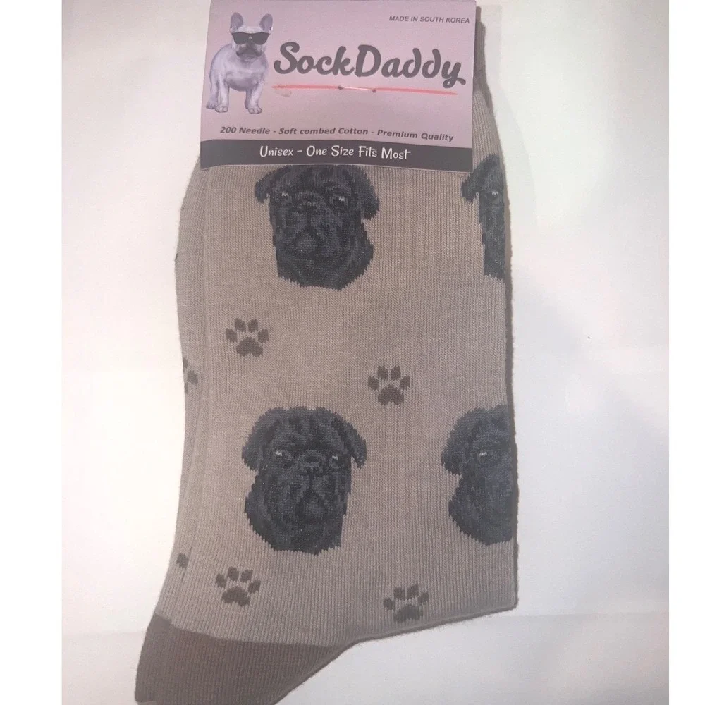 SockDaddy Pug Crew Socks Unisex‎ Black Pug OS Taupe Gray Dog Print